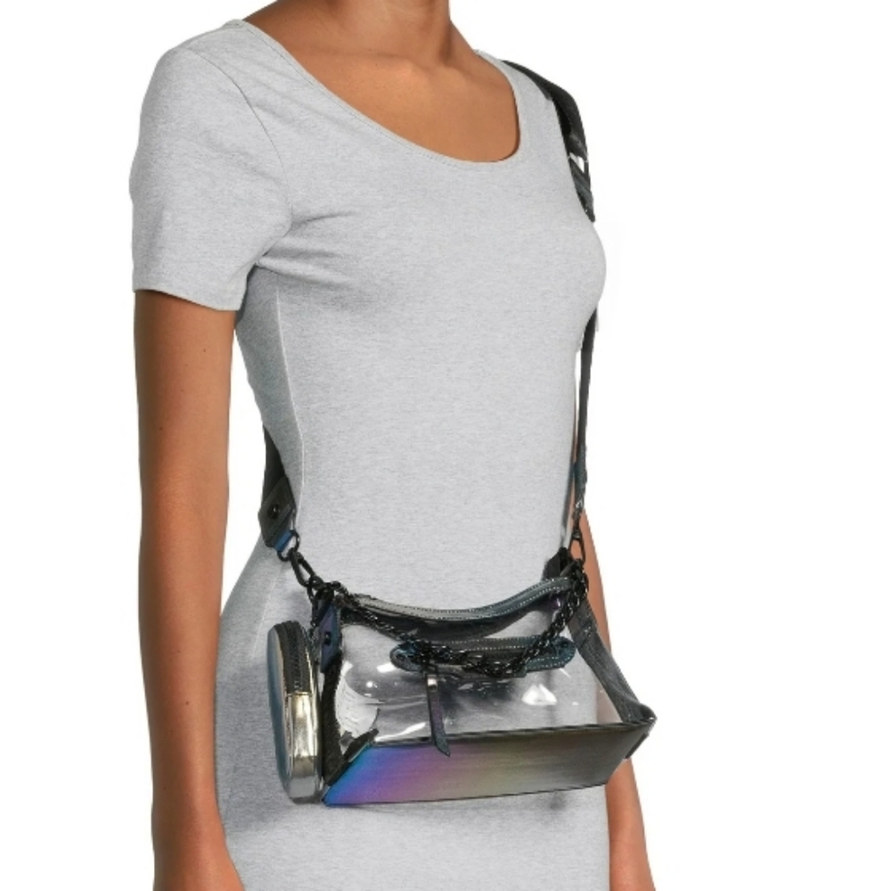 Madden NYC Denim Iridescent Clear Hobo Crossbody w Chain Bag Set 9x6.5x4 - Picture 4 of 4